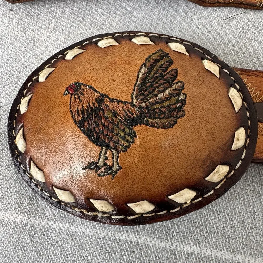 Vintage Justin Ostrich Leather Belt & Vtg Embroidered Rooster Belt Buckle Tan 36